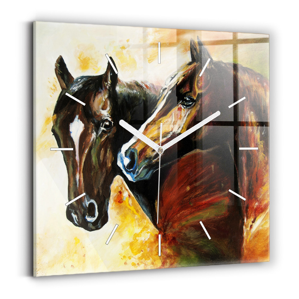 Ceas pătrat de perete din sticlă Doi cai pictați