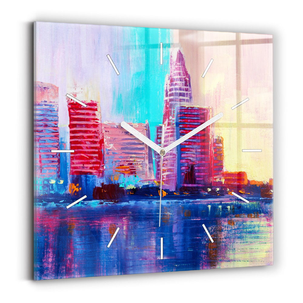 Ceas pătrat de perete din sticlă Abstracție de zgârie-nori