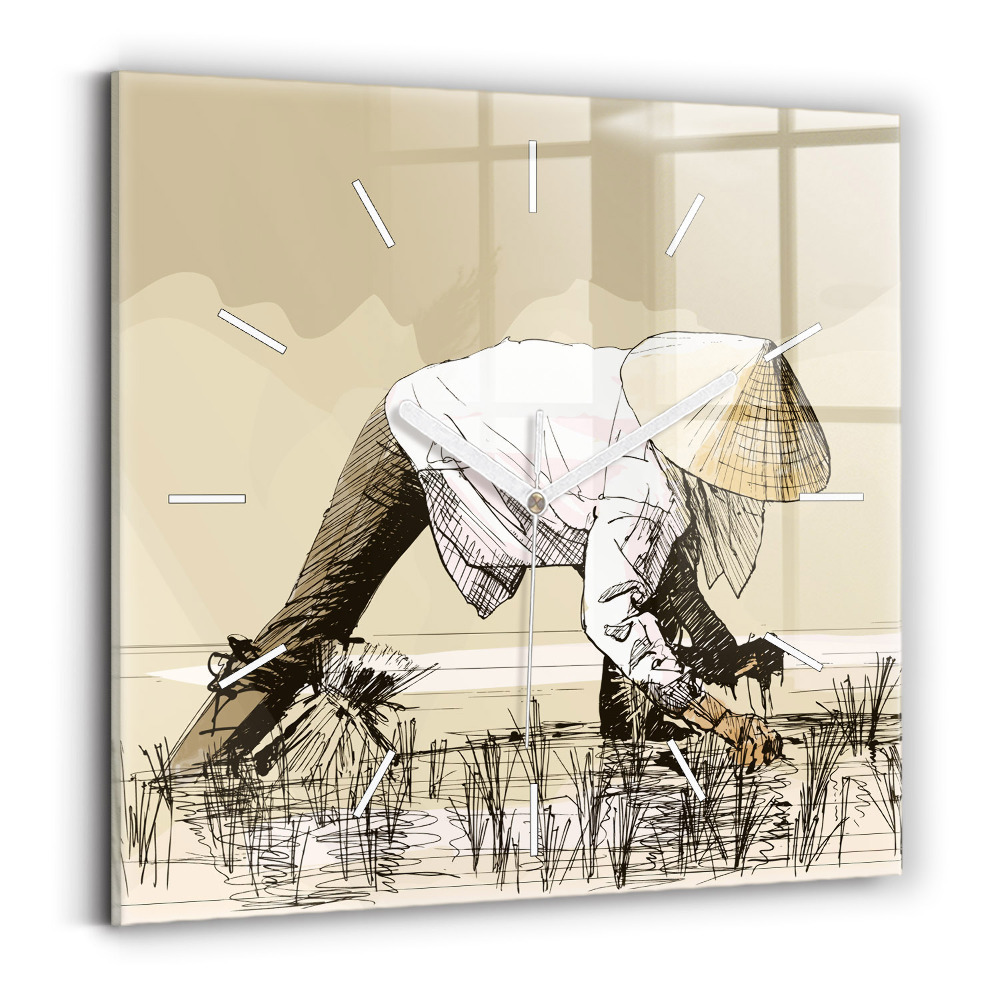 Ceas perete din sticlă pătrat Femeie culegând orez