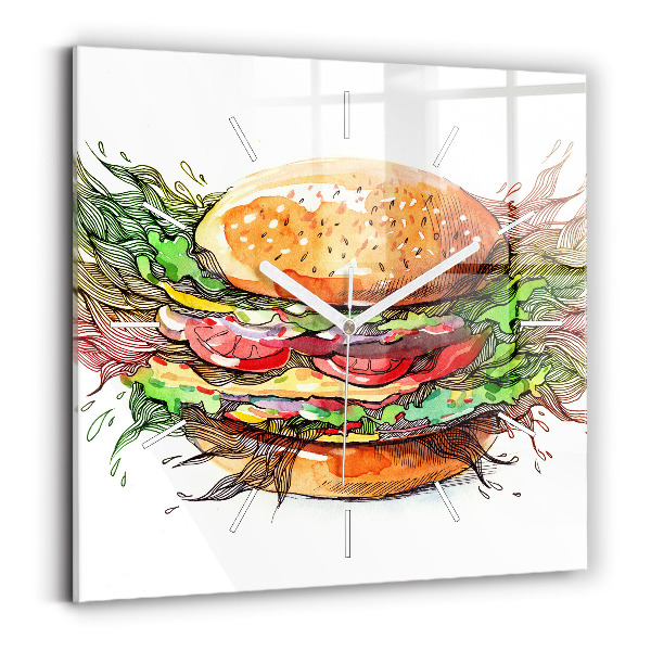 Ceas pătrat de perete din sticlă Cheeseburger XXL