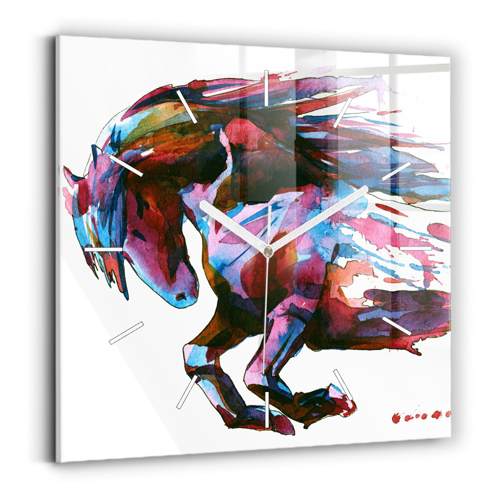Ceas perete din sticlă pătrat Un cal în fugă