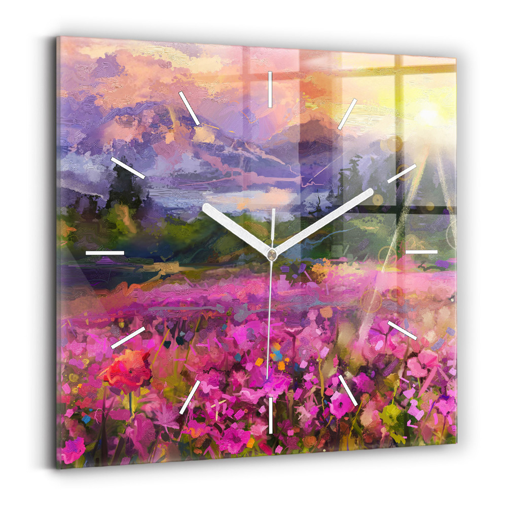 Ceas pătrat de perete din sticlă Peisaj natural și flori