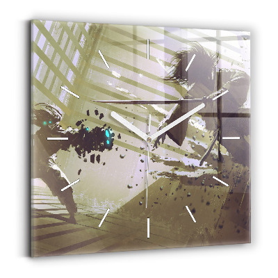 Ceas pătrat de perete din sticlă Luptă cu roboti vs. samurai
