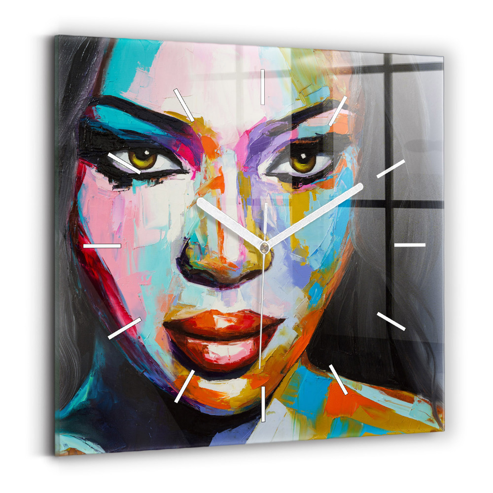 Ceas perete din sticlă pătrat Fața colorată a unei femei