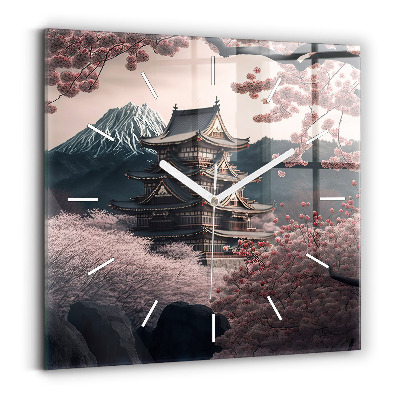 Ceas perete din sticlă pătrat Turn și flori în Asia