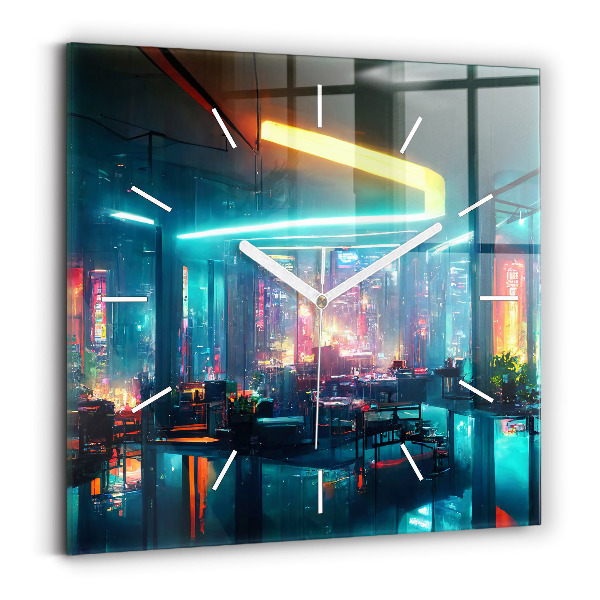 Ceas pătrat de perete din sticlă Oraș în stil cyberpunk