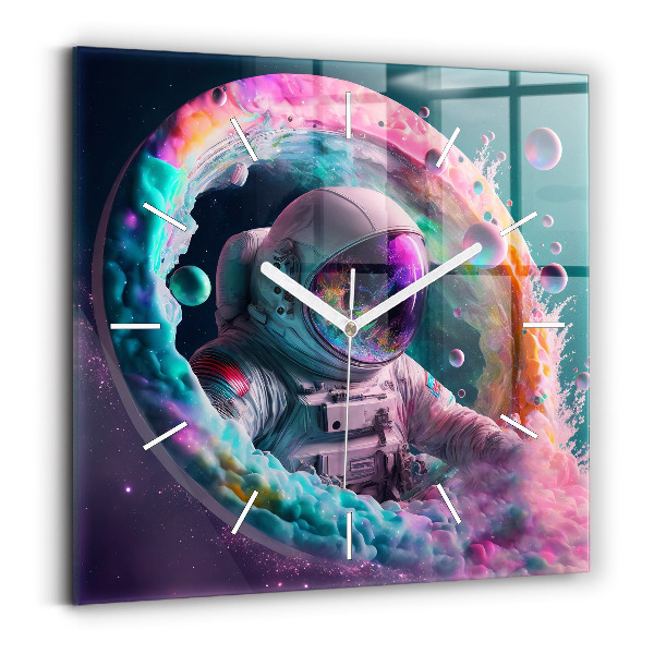 Ceas pătrat de perete din sticlă Cosmonaut și nori colorați