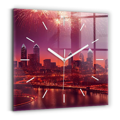 Ceas perete din sticlă pătrat Orașul Philadelphia noaptea
