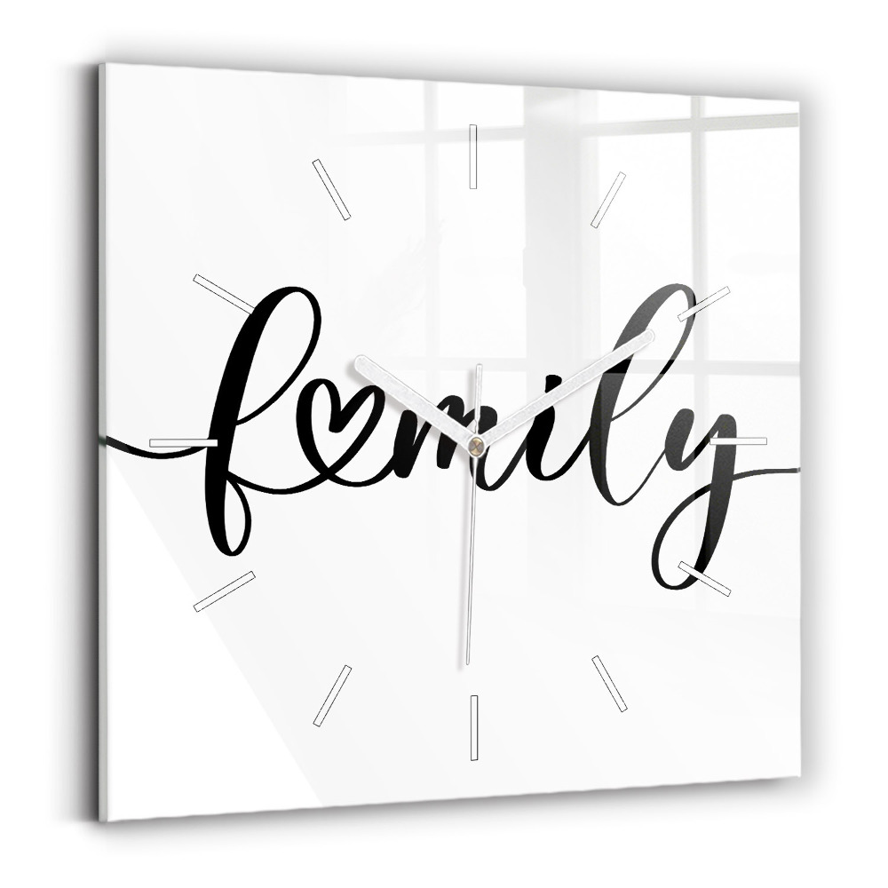Ceas perete din sticlă pătrat Inscripție și inimă de familie