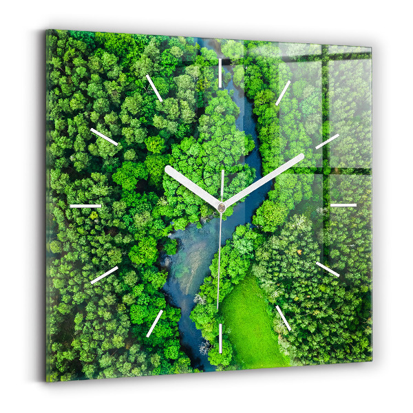 Ceas perete din sticlă pătrat Râul în pădure
