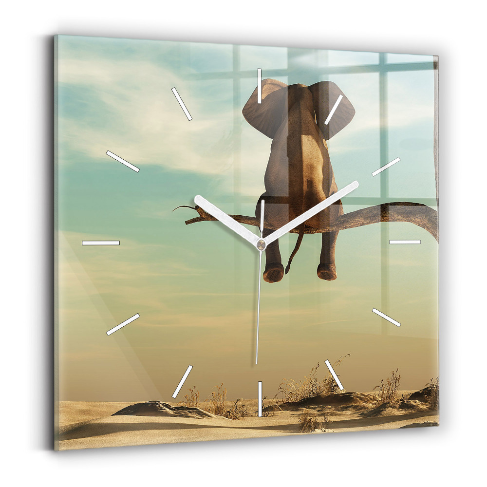 Ceas perete din sticlă pătrat Elefant pe un copac