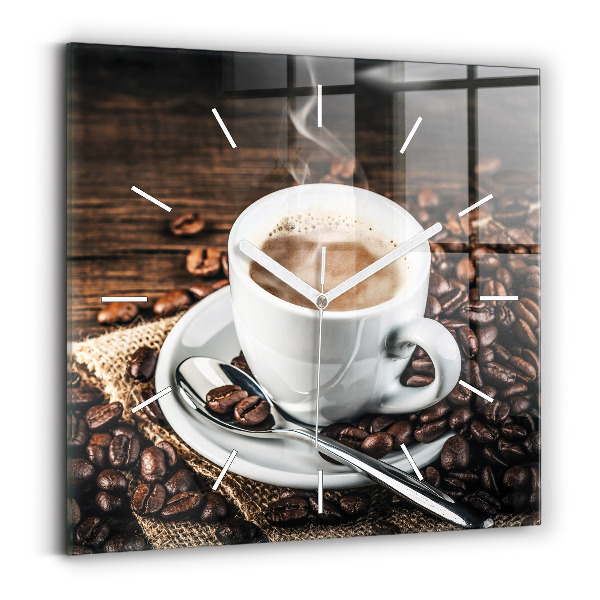 Ceas perete din sticlă pătrat Ceașcă și boabe de cafea