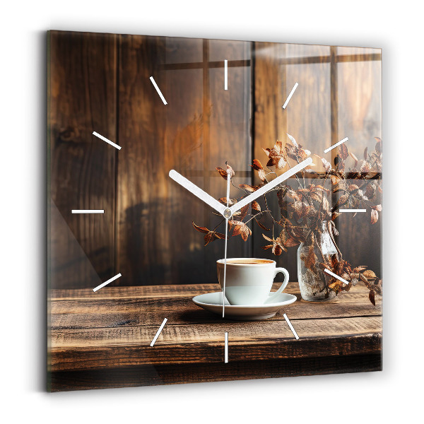 Ceas perete din sticlă pătrat O ceașcă de cafea
