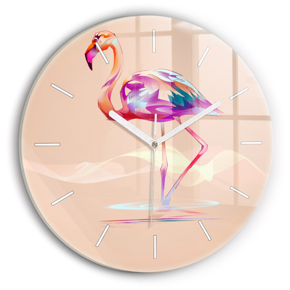 Ceas rotund de perete din sticlă unic Ilustrație cu flamingo