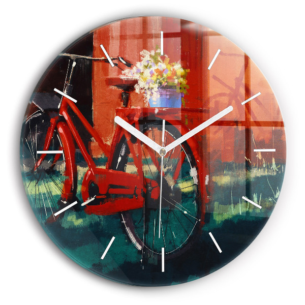 Ceas perete din sticlă rotund unic Bicicletă pictată