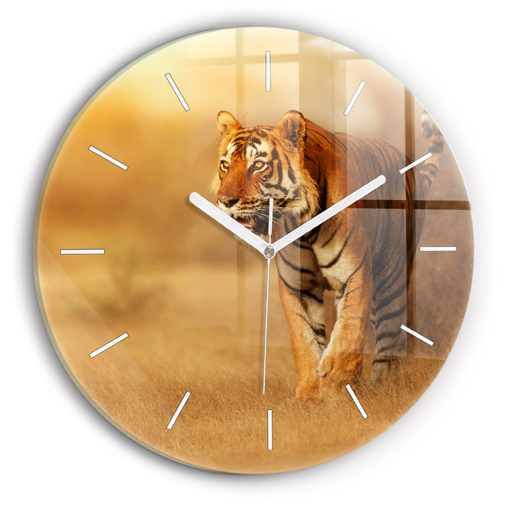 Ceas rotund de perete din sticlă unic Vânătoare de tigri