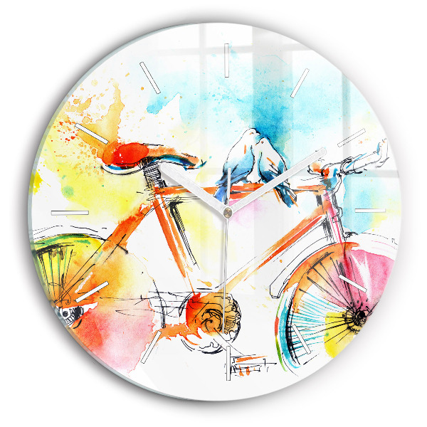Ceas rotund de perete din sticlă unic Bicicletă pictată