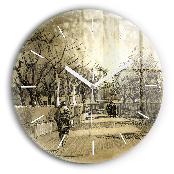 Ceas rotund de perete din sticlă unic Parc și copaci în sepia