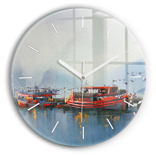 Ceas rotund de perete din sticlă unic Barcă de pescuit în port
