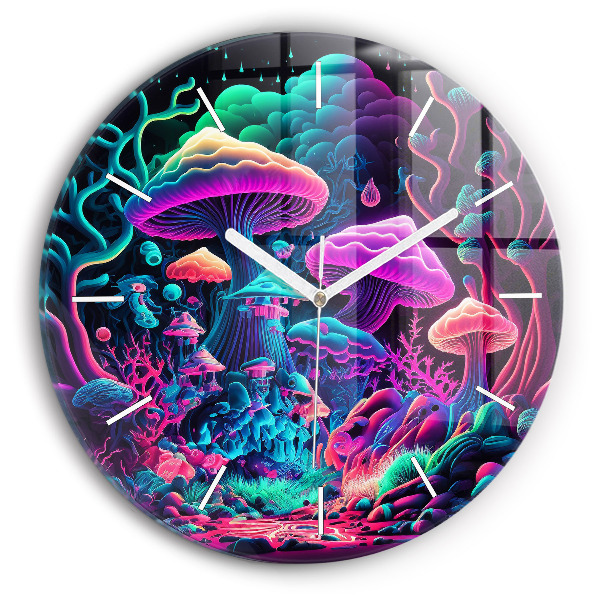 Ceas rotund de perete din sticlă unic Ciuperci neon
