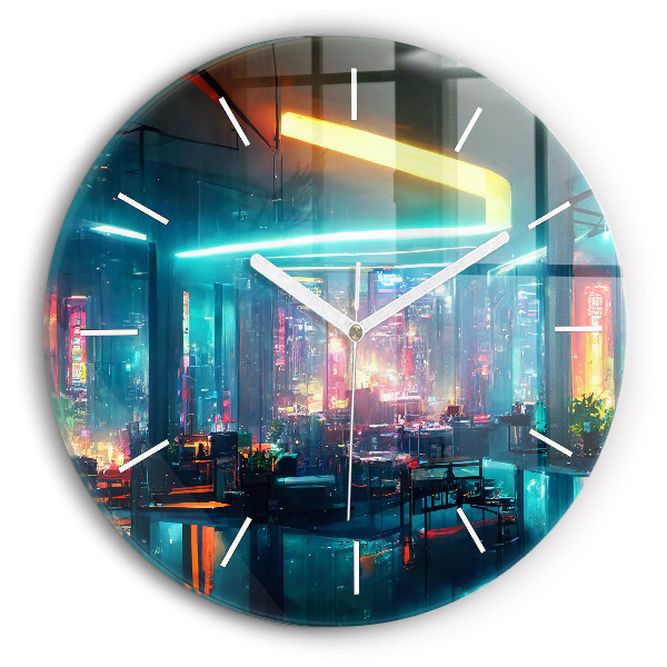 Ceas rotund de perete din sticlă unic Oraș în stil cyberpunk