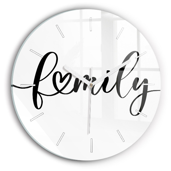 Ceas perete din sticlă rotund unic Inscripție și inimă de familie