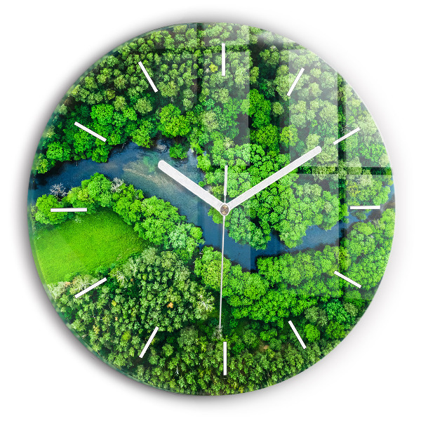 Ceas rotund de perete din sticlă unic Râul în pădure