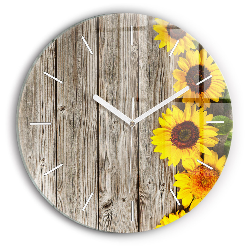 Ceas perete din sticlă rotund unic Floarea-soarelui pe scânduri