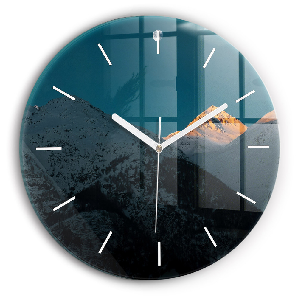 Ceas perete din sticlă rotund unic Apus de soare în munți