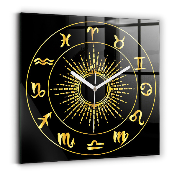 Ceas pătrat de perete din sticlă decorativ Semne zodiacale aurii pe fundal negru