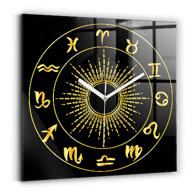 Ceas pătrat de perete din sticlă decorativ Semne zodiacale aurii pe fundal negru