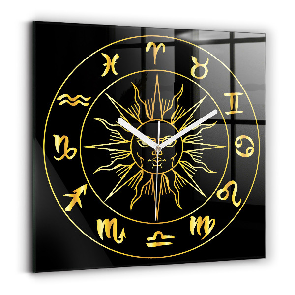 Ceas pătrat de perete din sticlă decorativ Semne zodiacale aurii cu soare