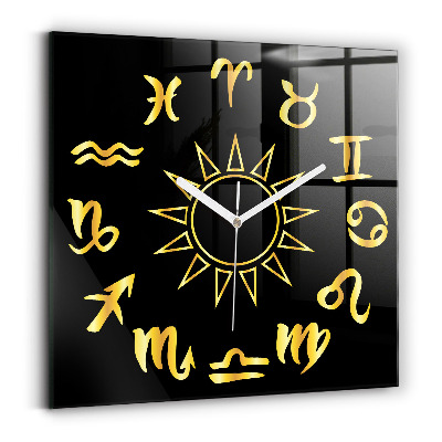 Ceas pătrat de perete din sticlă decorativ Semne astrologice aurii pe fundal negru