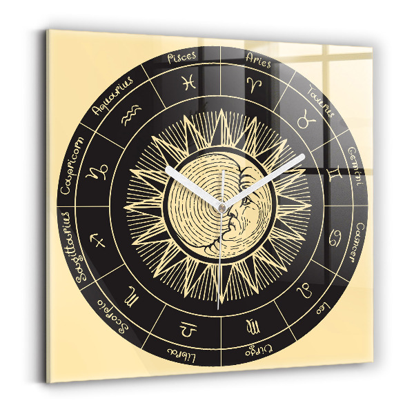 Ceas pătrat de perete din sticlă decorativ Zodiace și soare