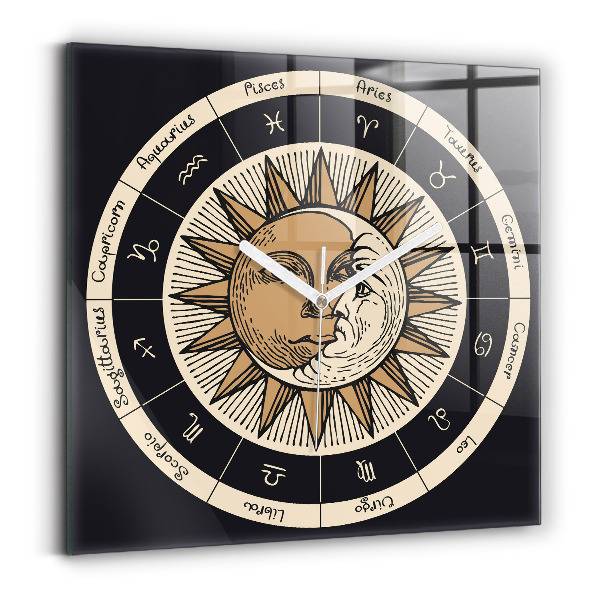 Ceas pătrat de perete din sticlă decorativ Soare și zodiace
