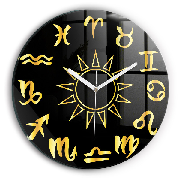 Ceas rotund de perete din sticlă modern Semne zodiacale și soare aurii