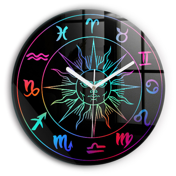Ceas rotund de perete din sticlă modern Semne zodiacale și soare curcubeu