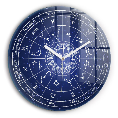 Ceas rotund de perete din sticlă modern Constelații zodiacale pe fundal albastru cer
