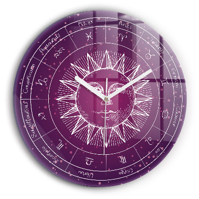 Ceas rotund de perete din sticlă modern Constelații zodiacale pe fundal violet