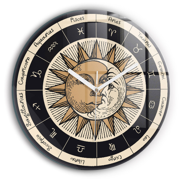 Ceas rotund de perete din sticlă modern Soare și zodiace